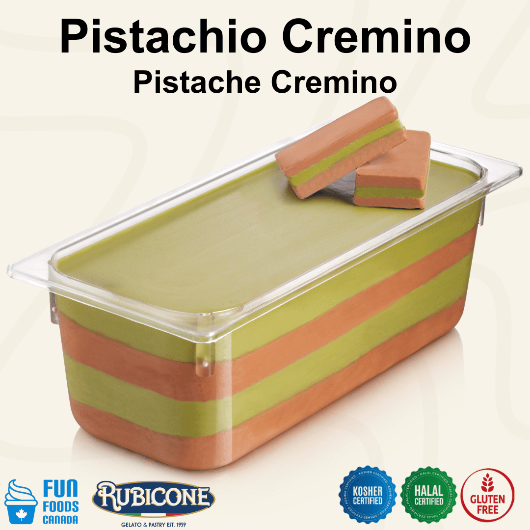 Rubicone Pistachio Cremino for premium gelato layers and textures, featuring layered pistachio cremino in a display pan topped with decorative cremino bars. Available in Canada from Fun Foods Canada.