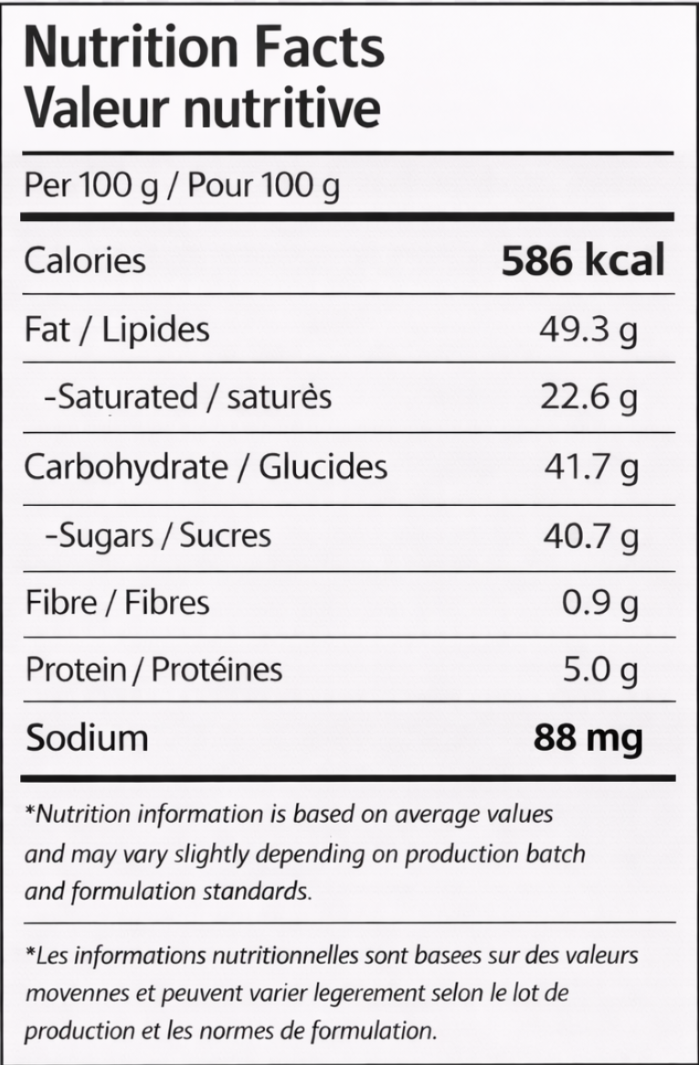 Nutrition facts label for F971 cremino pistachio