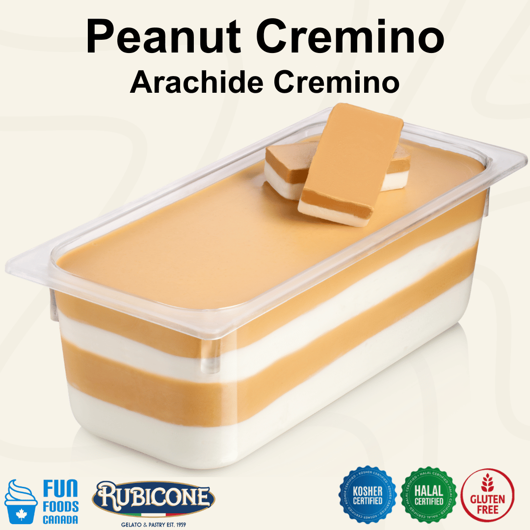Rubicone Peanut Cremino for premium gelato layers and textures, featuring layered peanut cremino in a display pan topped with decorative cremino bars. Available in Canada from Fun Foods Canada.