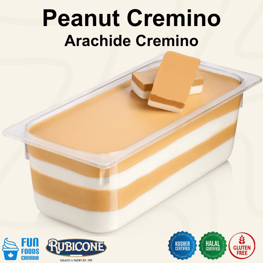 Rubicone Peanut Cremino for premium gelato layers and textures, featuring layered peanut cremino in a display pan topped with decorative cremino bars. Available in Canada from Fun Foods Canada.