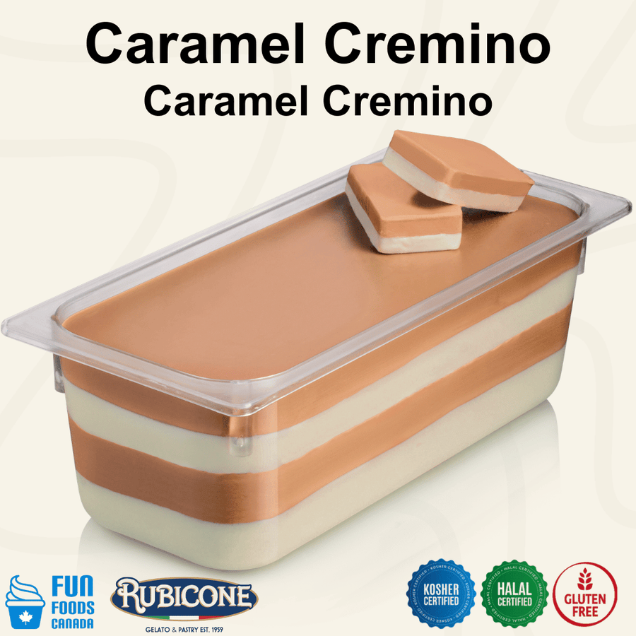 Rubicone Caramel Cremino for premium gelato layers and textures, featuring layered caramel cremino in a display pan topped with decorative cremino bars. Available in Canada from Fun Foods Canada.