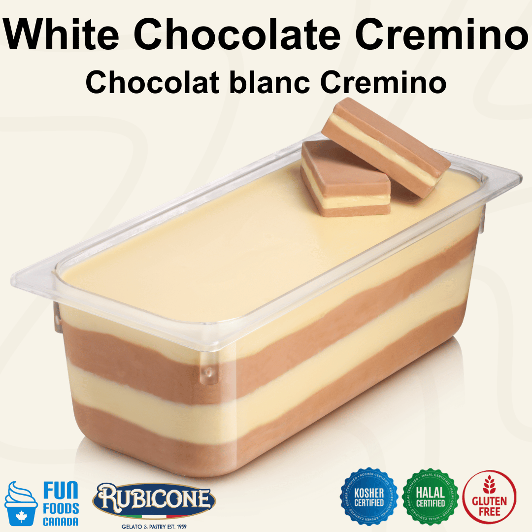 Rubicone Choco White Cremino for premium gelato layers and textures, featuring layered white chocolate cremino in a smooth display pan topped with decorative cremino bars. Available in Canada from Fun Foods Canada.