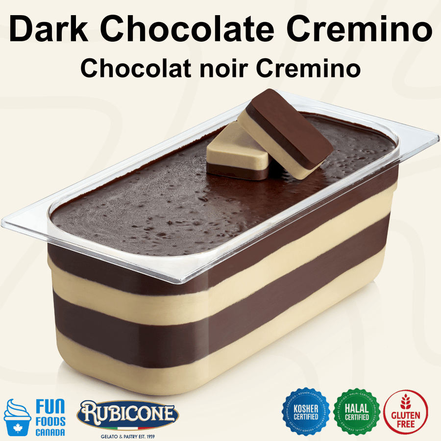 Rubicone Choco Dark Cremino for premium gelato layers and textures, featuring layered dark chocolate cremino in a display pan topped with dark chocolate pieces and decorative cremino bars. Available in Canada from Fun Foods Canada.