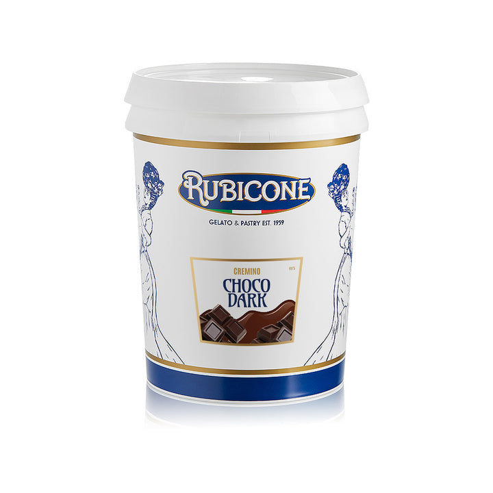 5 KG bucket of Rubicone Dark Chocolate Spreadable filling cream (Cremino Choco Dark) on a white background