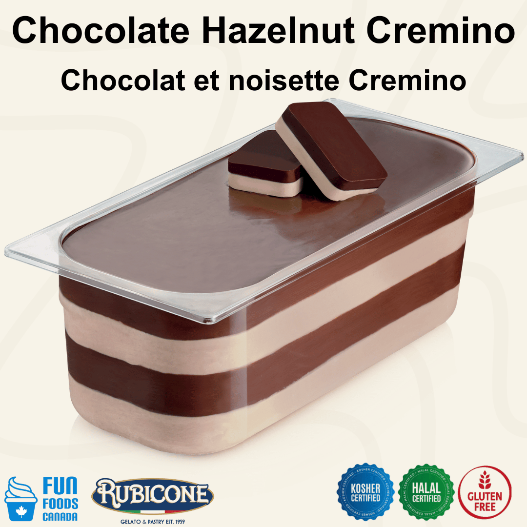Rubicone Choco Nut Cremino for premium gelato layers and textures, featuring layered chocolate and hazelnut cremino in a smooth display pan with decorative cremino bars. Available in Canada from Fun Foods Canada.