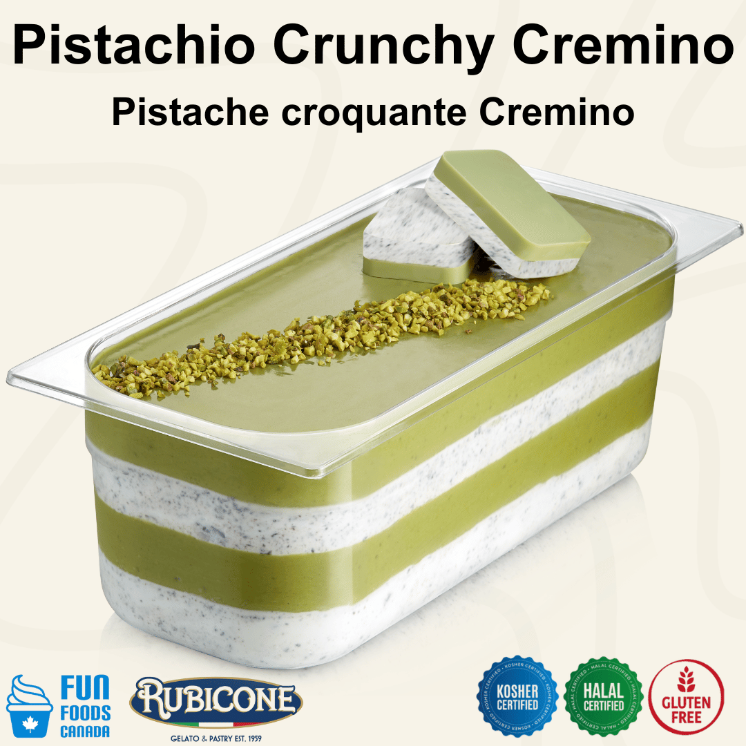 Rubicone Pistachio Crunchy Cremino for premium gelato layers and textures, featuring layered pistachio cremino in a display pan topped with chopped pistachios, crunchy pieces, and decorative cremino bars. Available in Canada from Fun Foods Canada.