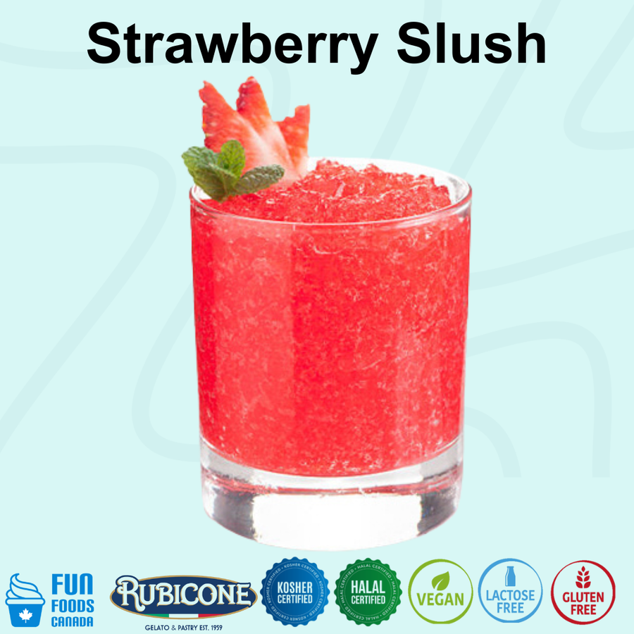 A clear glass filled with bright pink-red slushy drink garnished with a strawberry slice and mint leaves, centered on a pale blue background with the text 'Strawberry Slush' at the top and certification badges along the bottom: Kosher, Halal, Vegan, Lactose-free, Gluten-free. 