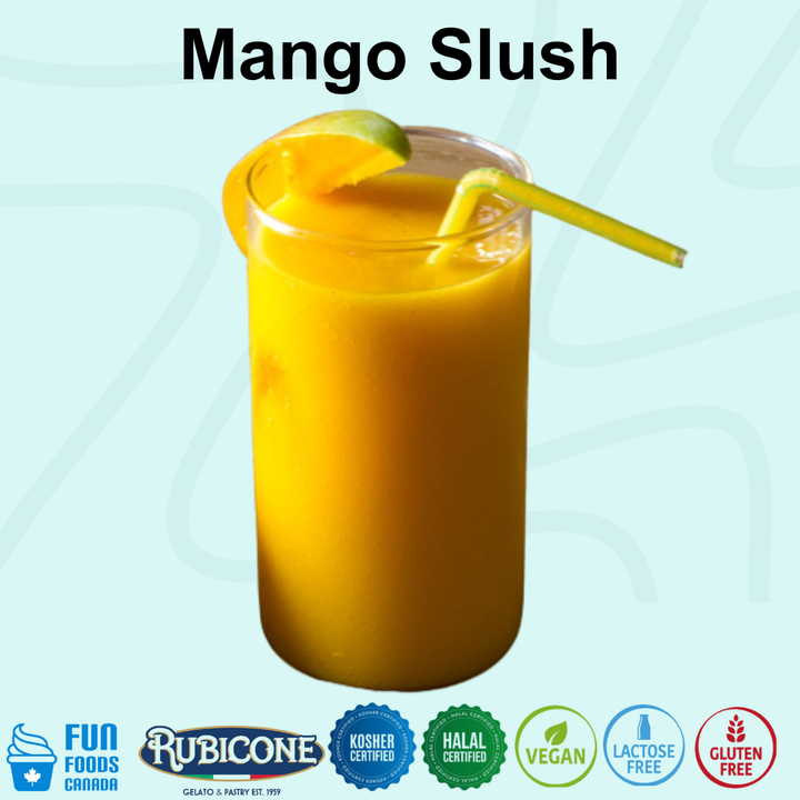 A glass of bright orange mango slush with a lime wedge and yellow straw, labeled 'Mango Slush' on a light blue background with certification logos along the bottom.