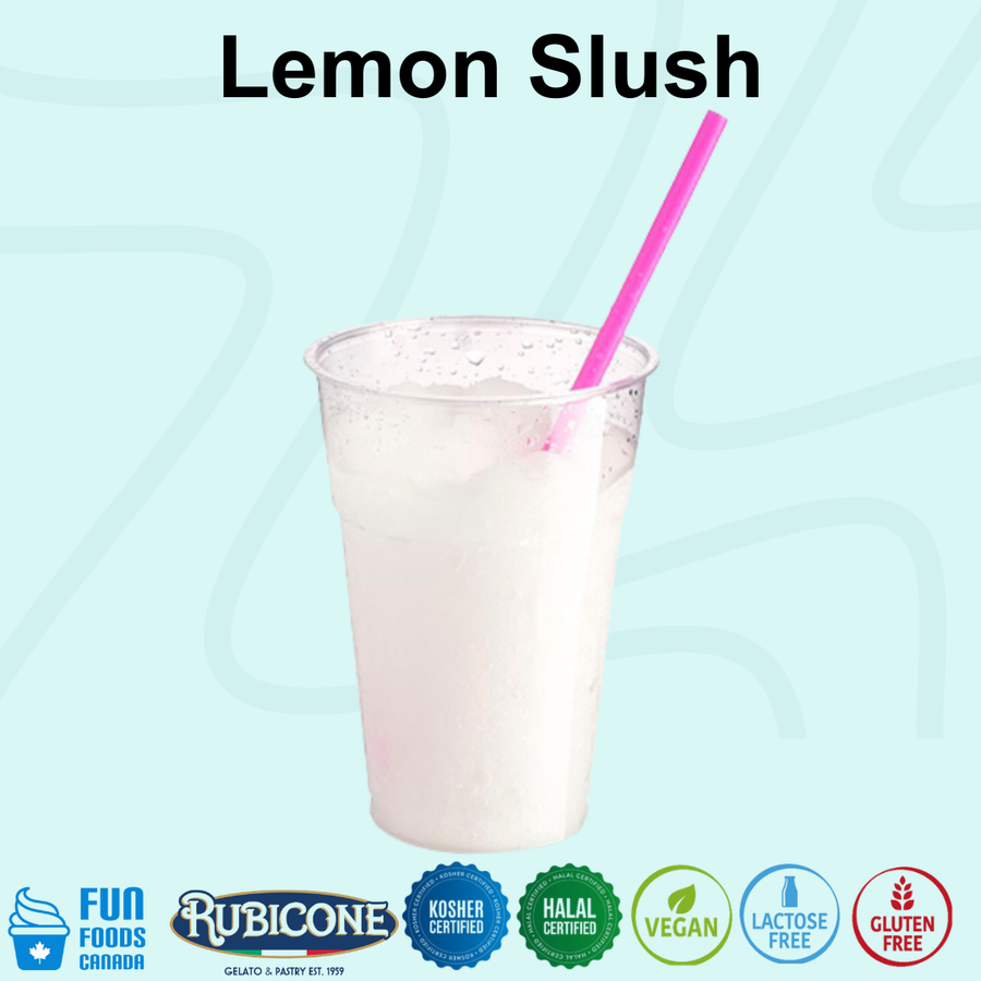 A clear plastic cup filled with a frothy pale yellow lemon slush drink and a bright pink straw, centered on a light aqua background with the text 'Lemon Slush' above. Certification badges along the bottom include Fun Foods Canada, Rubicone, Kosher Certified, Halal Certified, Vegan, Lactose Free, and Gluten Free.
