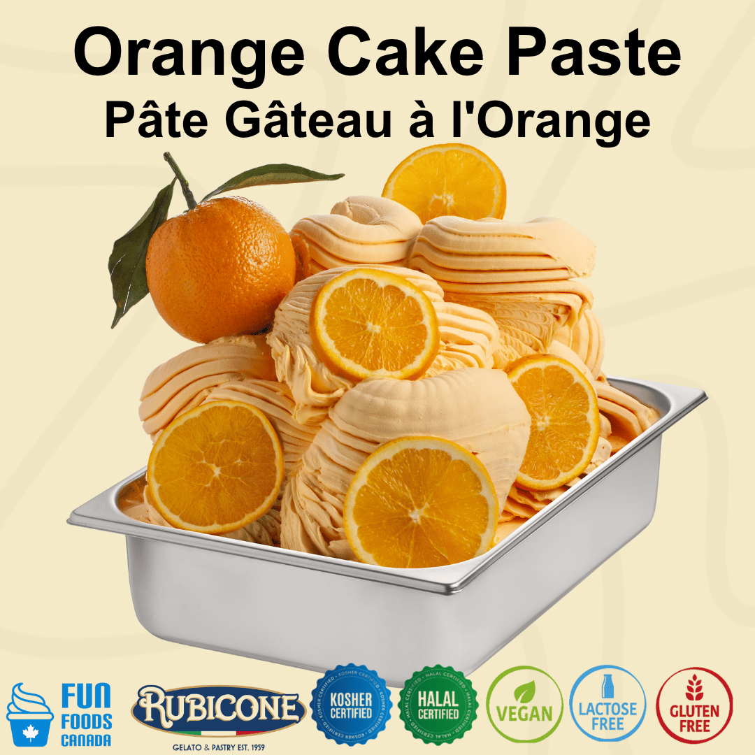 Orange Cake Paste in a stainless steel tub, shown with sliced oranges and whole oranges on a light beige background. The top features the text 'Orange Cake Paste' and 'Pâte Gâteau à l'Orange' in French, and the bottom displays various certification logos including Fun Foods Canada, Rubicone, Kosher Certified, Halal Certified, Vegan, Lactose Free, and Gluten Free.