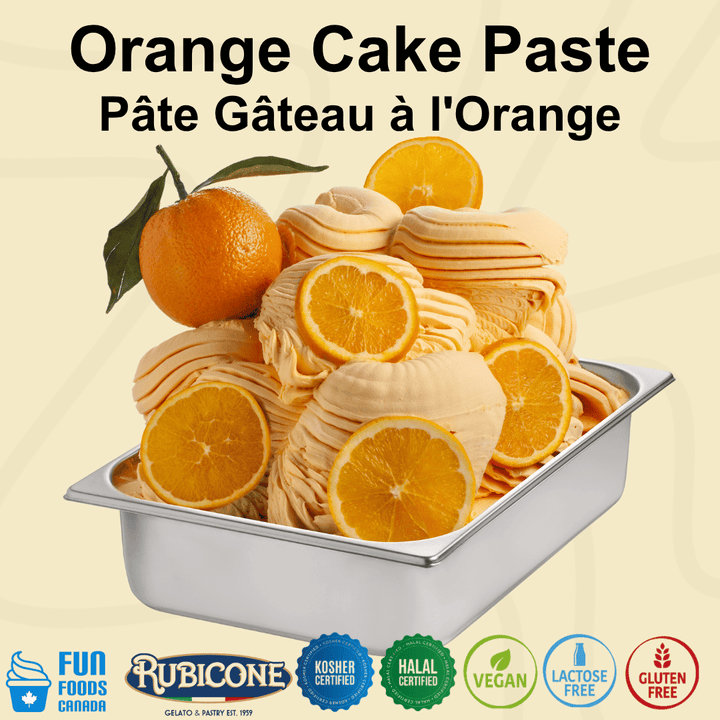 Orange Cake Paste in a stainless steel tub, shown with sliced oranges and whole oranges on a light beige background. The top features the text 'Orange Cake Paste' and 'Pâte Gâteau à l'Orange' in French, and the bottom displays various certification logos including Fun Foods Canada, Rubicone, Kosher Certified, Halal Certified, Vegan, Lactose Free, and Gluten Free.