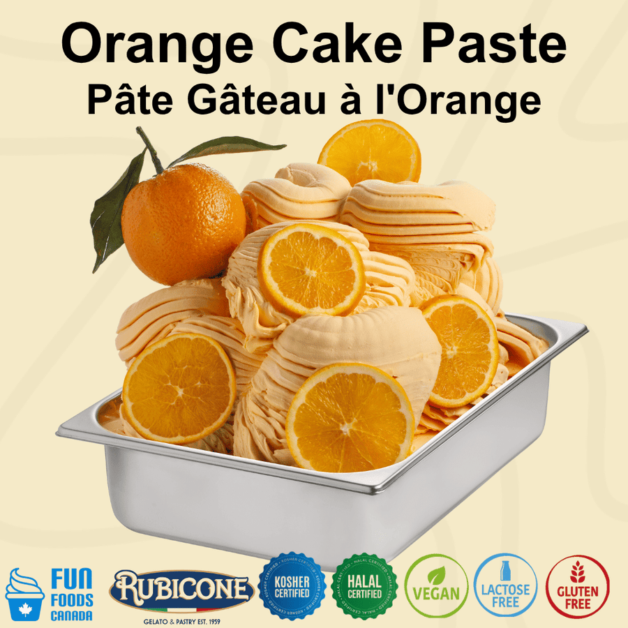 Orange Cake Paste in a stainless steel tub, shown with sliced oranges and whole oranges on a light beige background. The top features the text 'Orange Cake Paste' and 'Pâte Gâteau à l'Orange' in French, and the bottom displays various certification logos including Fun Foods Canada, Rubicone, Kosher Certified, Halal Certified, Vegan, Lactose Free, and Gluten Free.