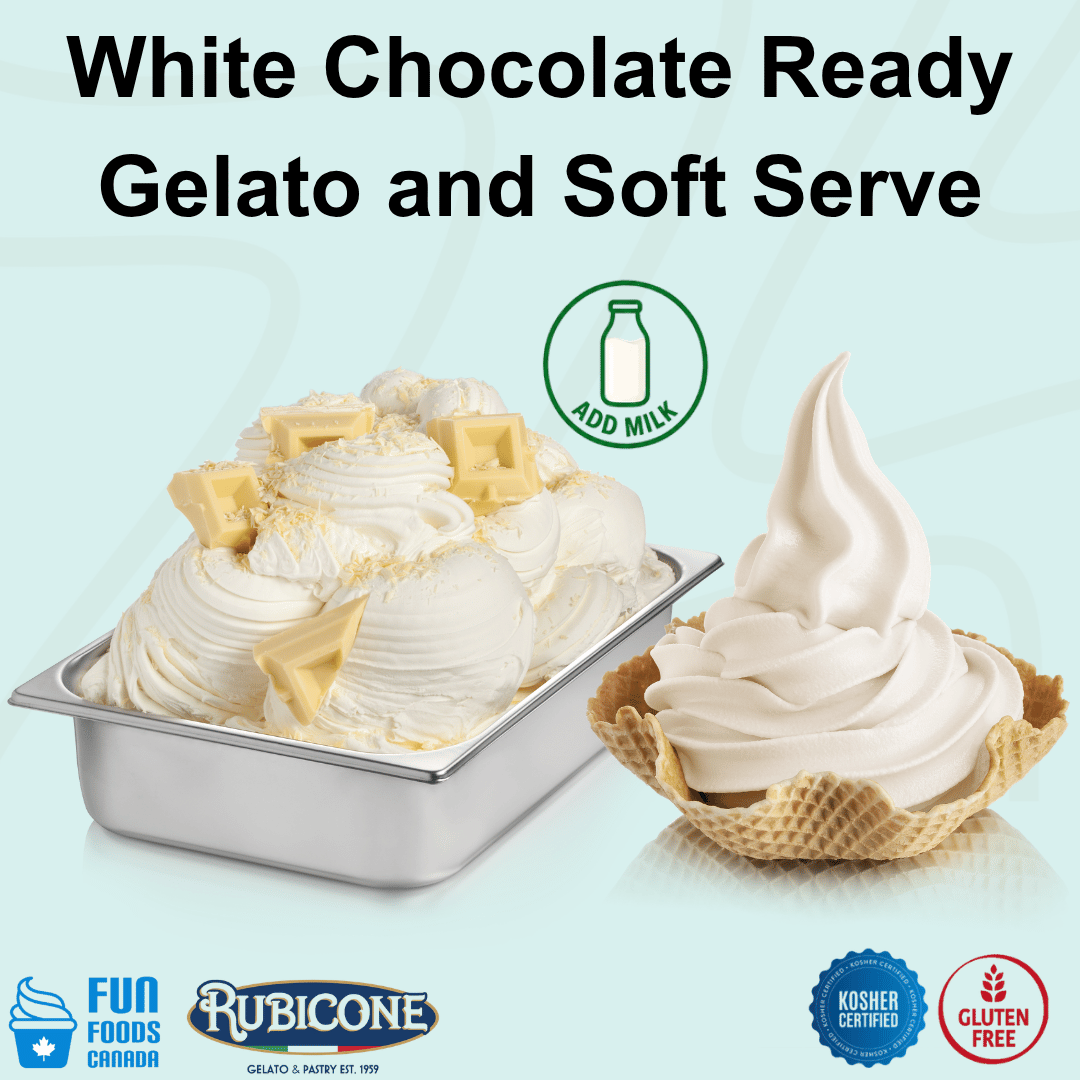 Rubicone White Chocolate Ready Gelato mix – creamy white chocolate-flavoured add-milk mix for commercial gelato and soft serve in Canada. Kosher certified and gluten-free.
