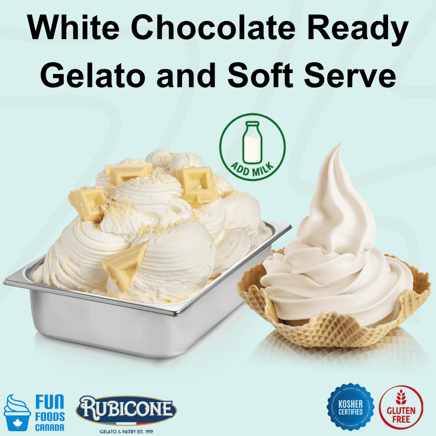 Rubicone White Chocolate Ready Gelato mix – creamy white chocolate-flavoured add-milk mix for commercial gelato and soft serve in Canada. Kosher certified and gluten-free.
