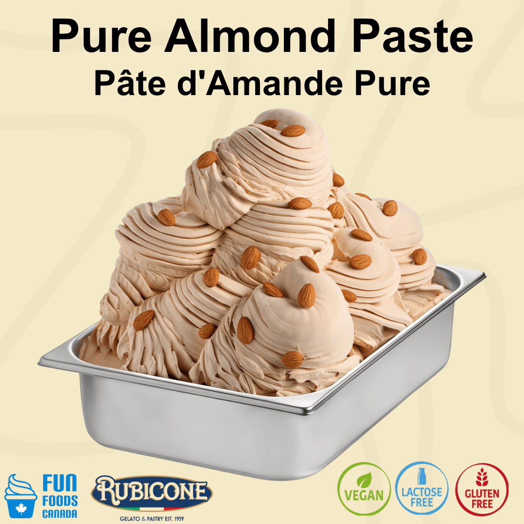Pure almond paste ice cream gelato in a metal container with Rubicone and Fun Foods Canada branding on a beige background with certification badges: vegan, lactose-free, gluten-free