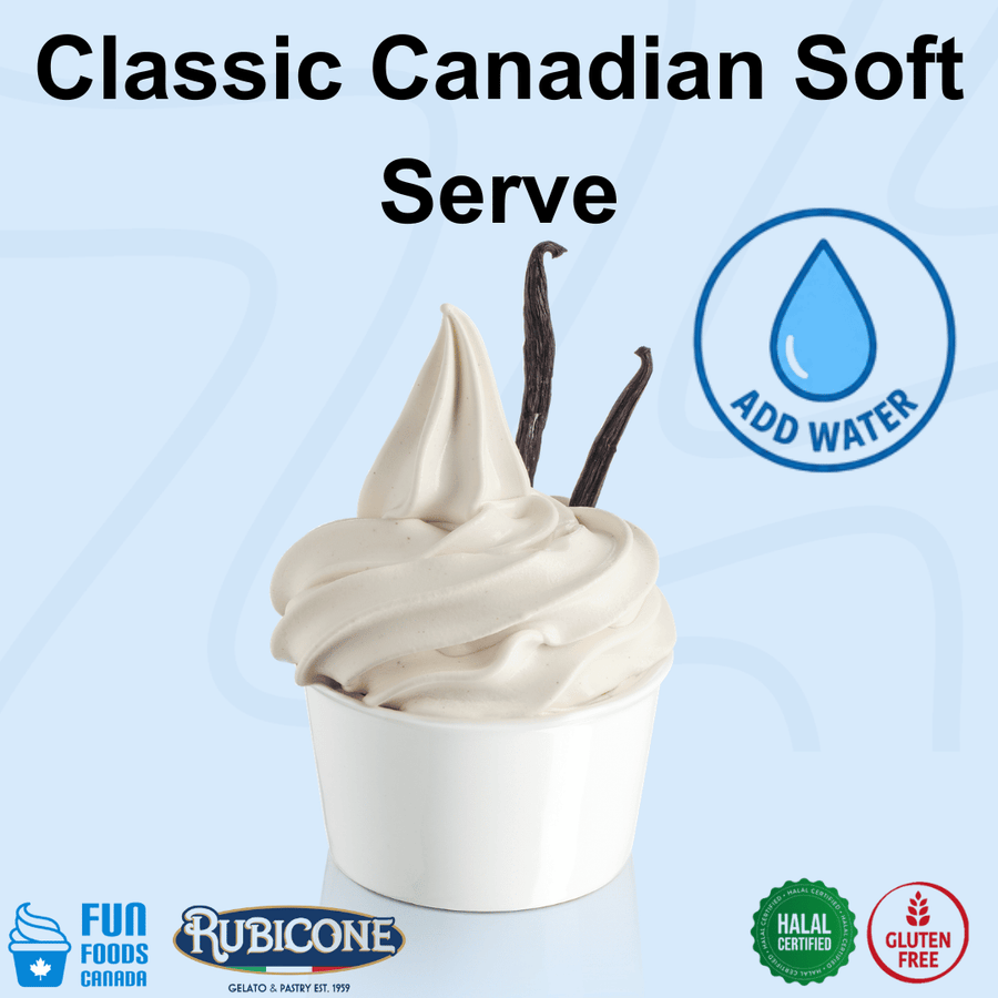 A cup of soft vanilla ice cream with two vanilla sticks on top, shown on a light blue background with text reading 'Classic Canadian Soft Serve' and icons for 'Add Water,' 'Fun Foods Canada,' 'Rubicone,' 'Halal Certified,' and 'Gluten Free.'.