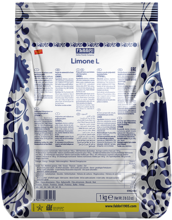 Fabbri Lemon L.G. G 50 (With Stabilizers), Flavoring Powders for Gelato & Pastry, 6 x 1 KG (2.2 lb) - Fabri Canada