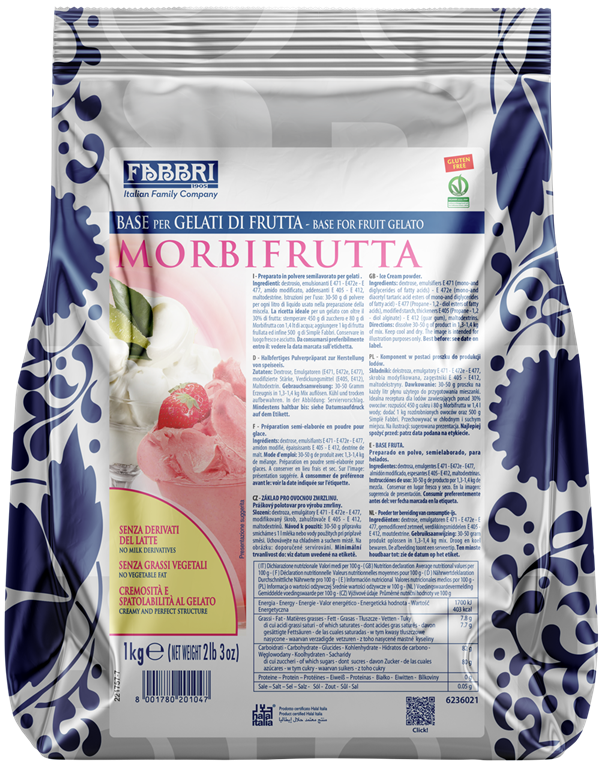 Base for Fruit Gelato - Fabbri MORBIFRUTTA 50 (Cold Preparation), Base for Fruit Gelato and Ice Cream, 12 x 1 KG (2.2 lb) - Fabri Canada