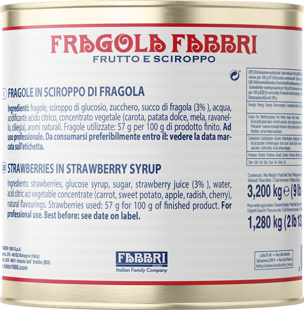 Fabbri Strawberry - FRAGOLA - Frutto E Sciroppo - 3 x 1.85 KG Tin - Fabbri Canada