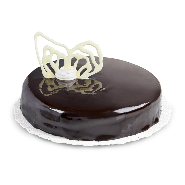 Chocolate cake with chocolate mirror glaze and a butterfly decoration on a white background