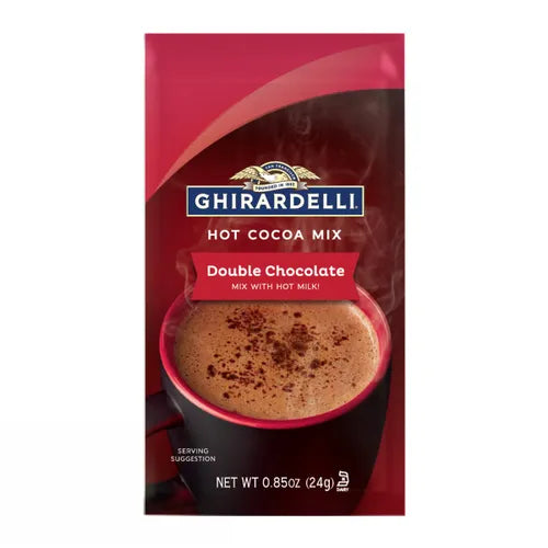 Ghirardelli Double Chocolate Hot Cocoa Mix packaging on a white background