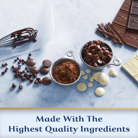 Chocolate products including chocolate bars, chips, and powder on a marble surface with text 'Made With The Highest Quality Ingredients'.