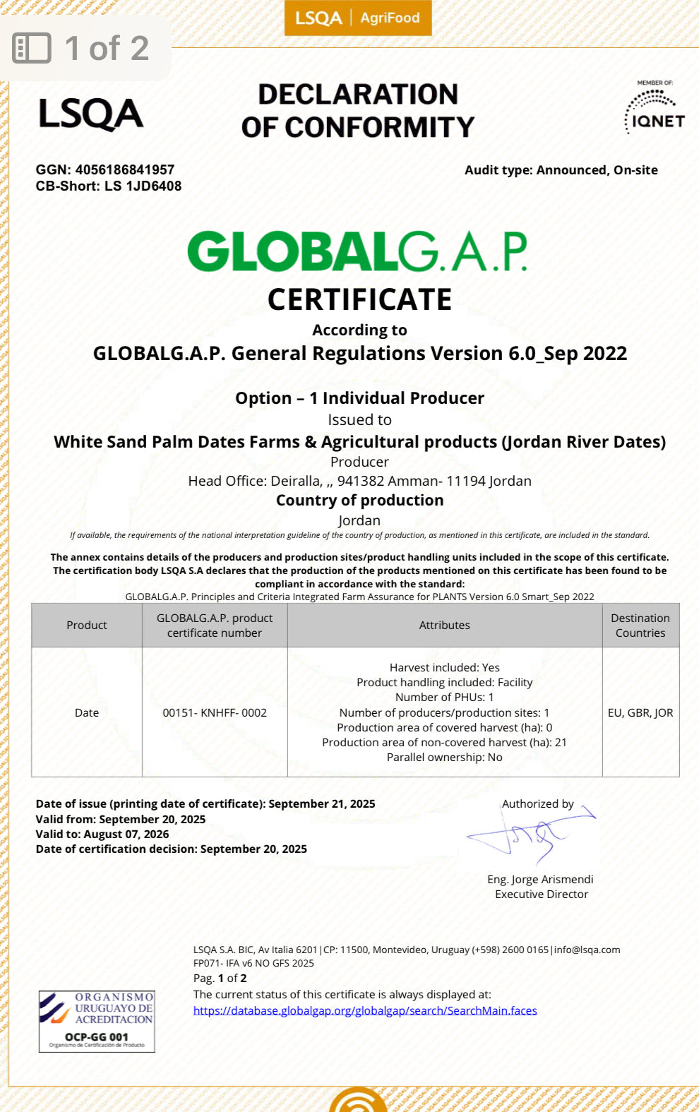 GlobalG.A.P. certificate for White Sand Palm Dates Farms & Agricultural products issued by LSQA.