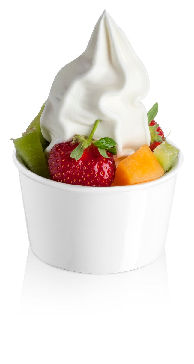 Greek Yogurt Soft Serve in a plain white cup with fruit - made from Rubicone Greek Yogurt ready base - Canadian Distribution