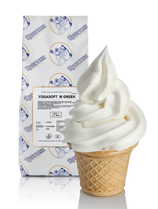 Yogasoft M Greek frozen yogurt cone with packaging on a white background
