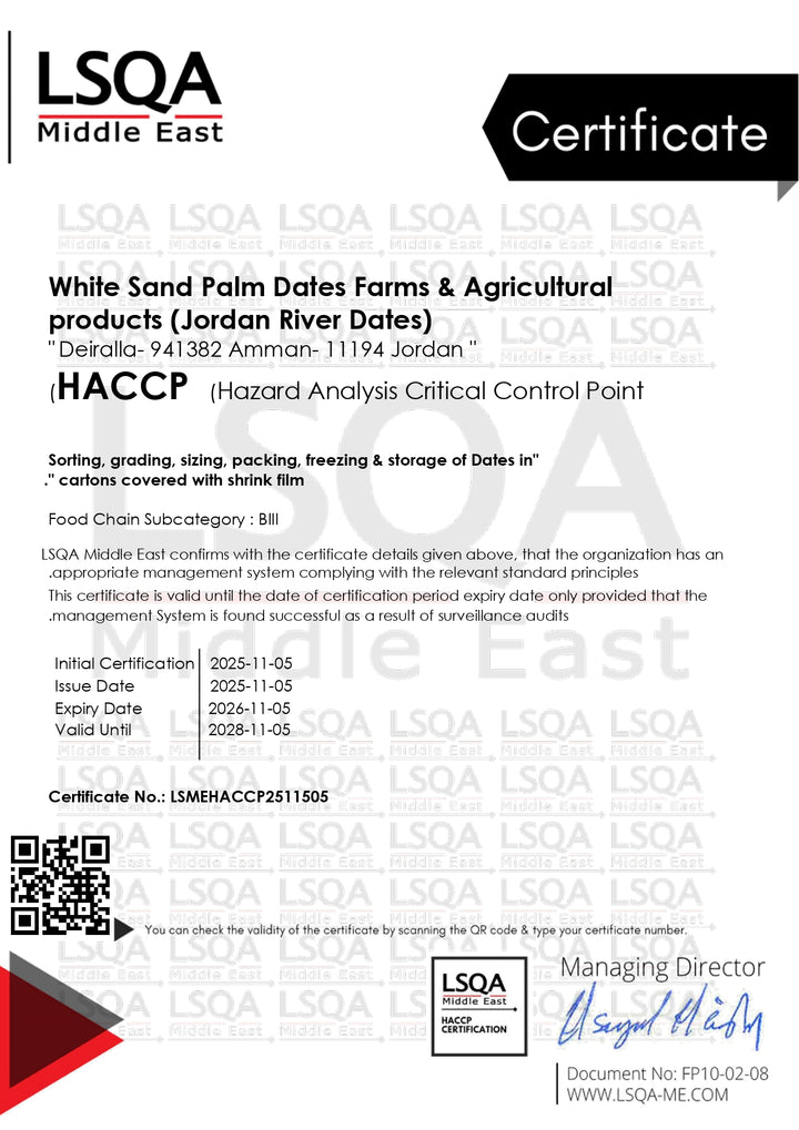 HACCP certificate from LSQA Middle East for White Sand Palm Dates Farms & Agricultural products