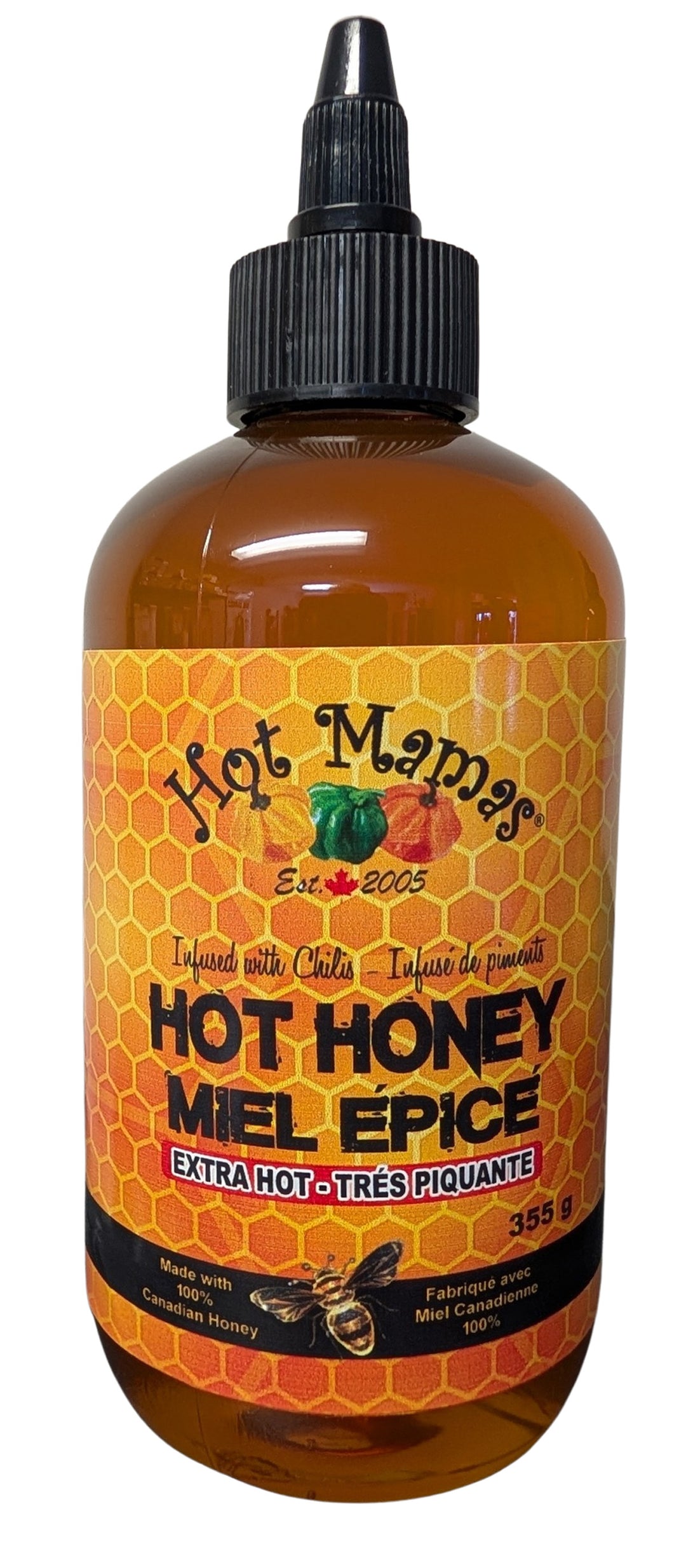 Hot Honey Extra Hot - Hot Mamas – 355 grams Bottle or Case of 12 x 355 grams- Made in Canada -Sweet Heat Condiment - Canadian Distribution - Ships Free Within Canada on Orders Above CAD $199