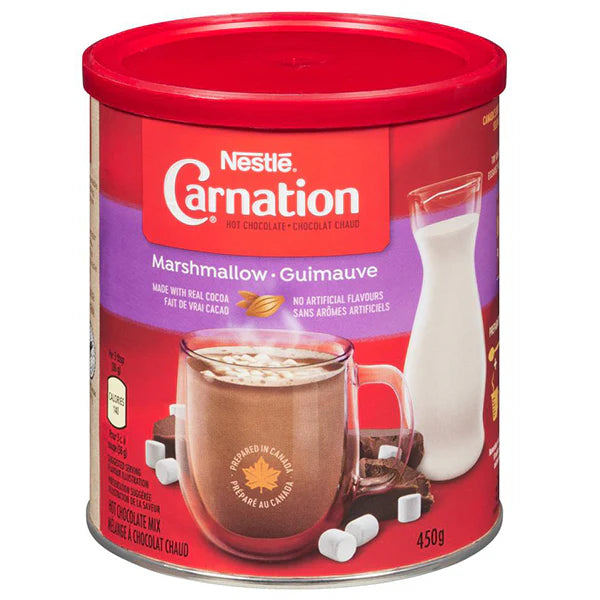 Nestle Carnation Marshmallow hot chocolate mix can on a white background
