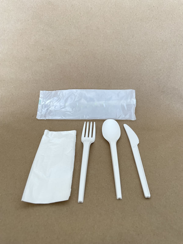 Cutlery set PLA. Fork/Knife/Spoon/Napkin/250packs BPI - Disposable Take Away Food Packaging - Canadian Distribution