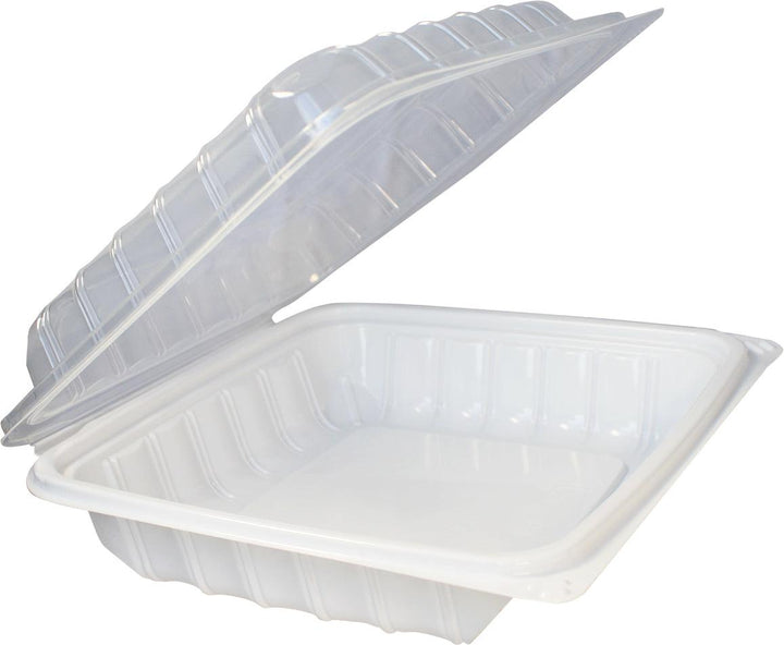 Value+ - YR991W-V - PP Hinged Cont. - 9.3x9x3" - White w/Clear Lid