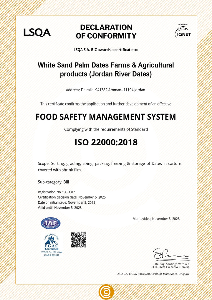 Certificate of Conformity for Food Safety Management System from LSQA, ISO 22000:2018 compliant.
