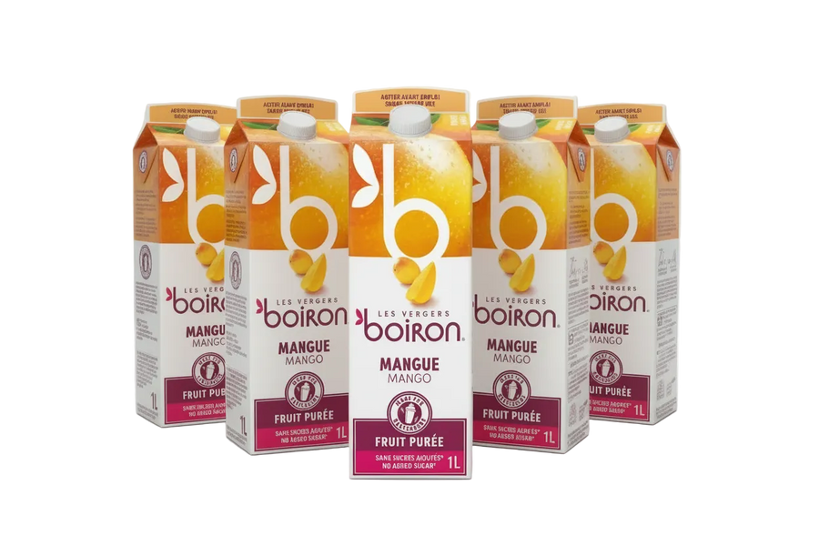 Cartons of Boiron Mango Fruit Puree on a white background