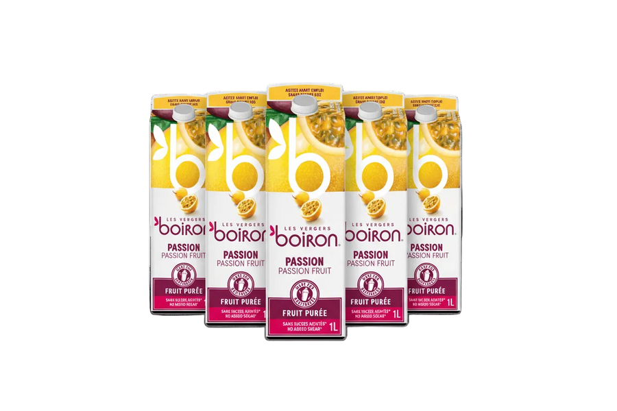 Boiron passion fruit puree packaging on a white background