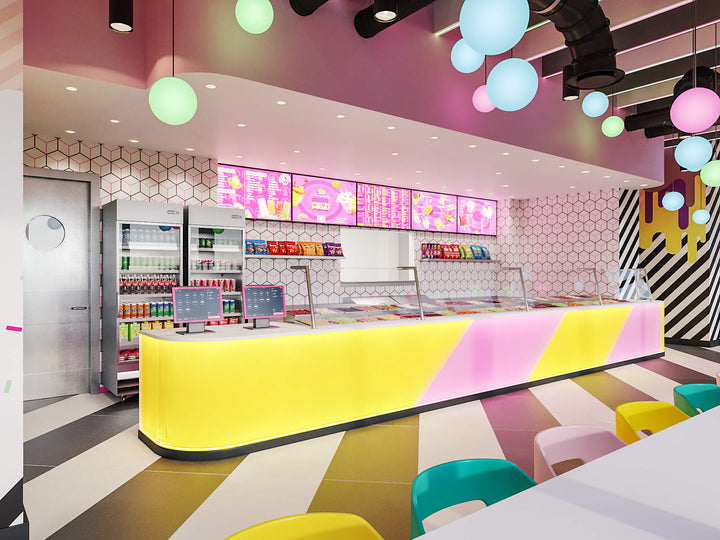 Colorful interior design of a modern cafe with geometric patterns and vibrant colors, designed by Fun Foods Canada.