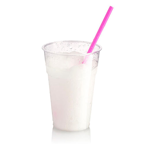 Clear plastic cup with an Italian Lemon flavored Slushie and pink straw on a white background by Rubicone Canada