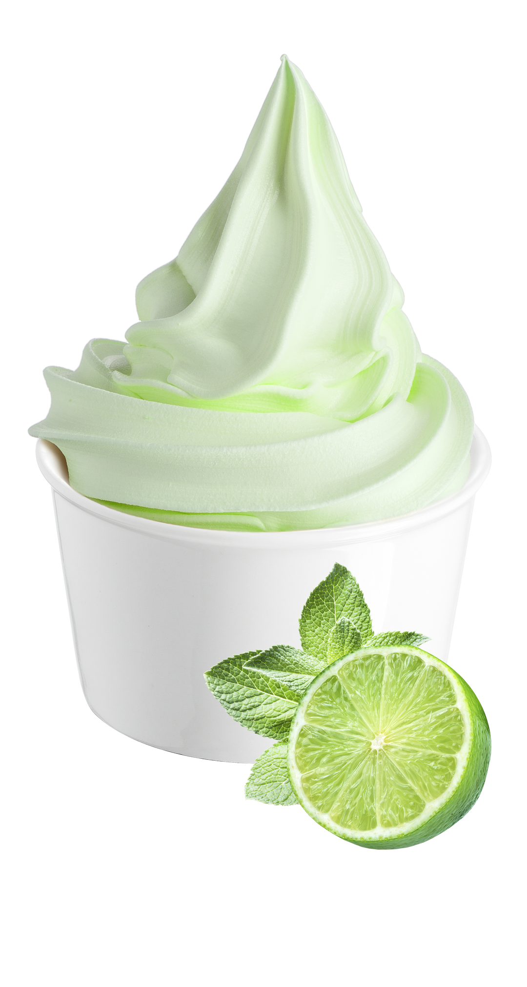 Lime soft serve ice cream in a cup with lime slices on a white background - made with Rubicone Ready Lime Base 