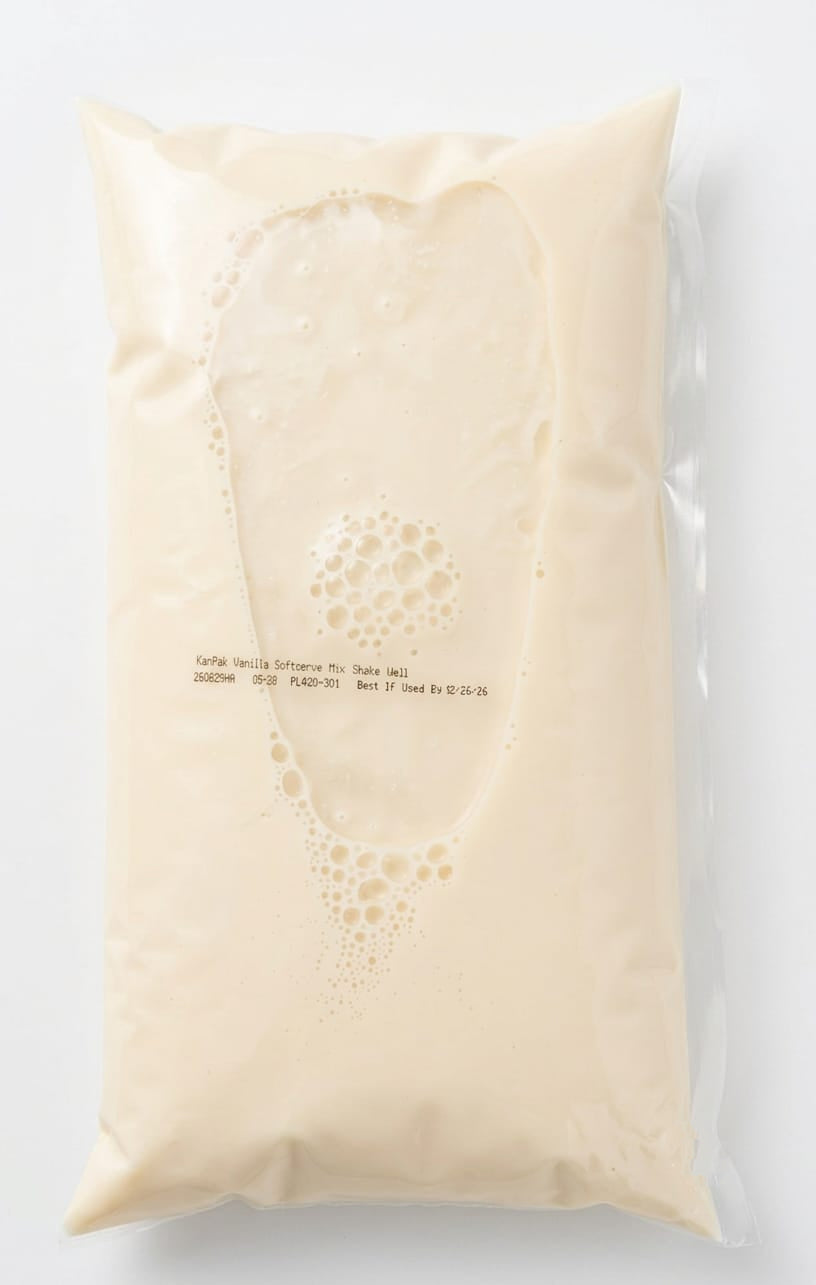 64 oz pouch of liquid shelf stable aseptic soft serve ice cream mix now available in Canada