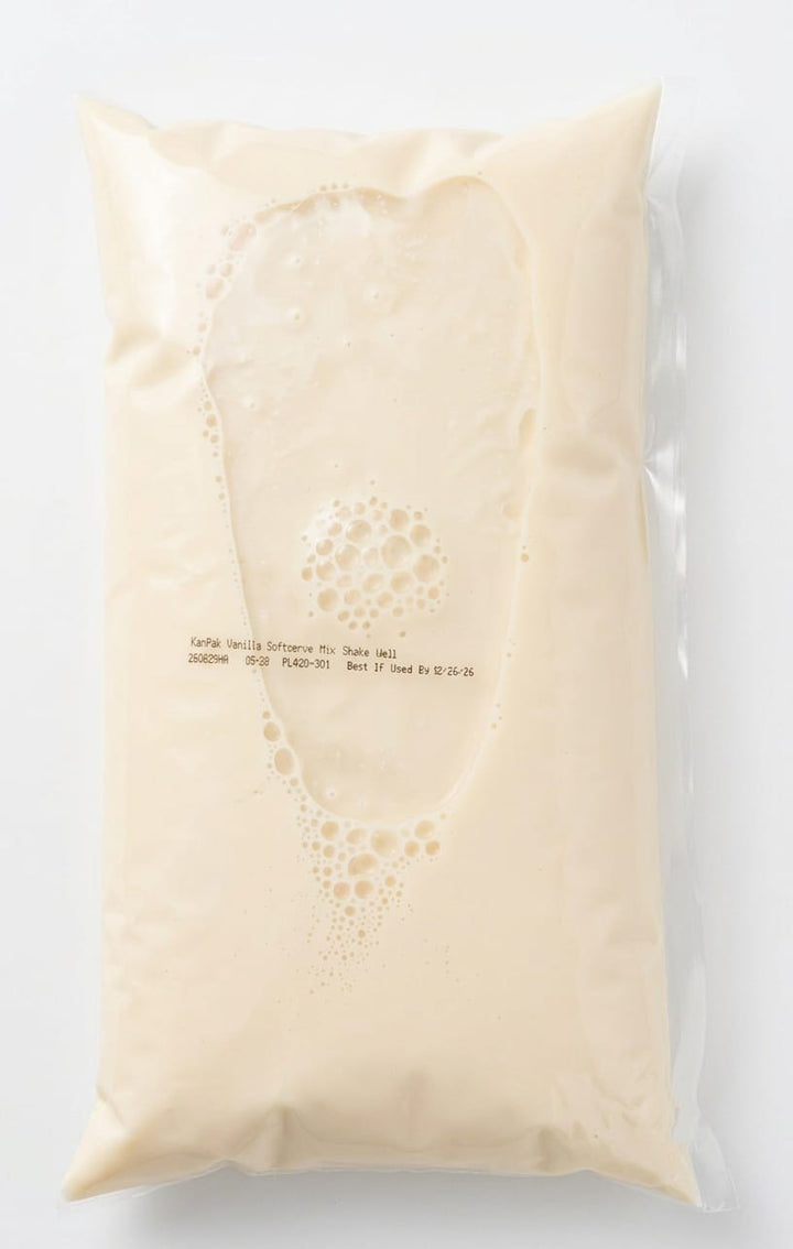 64 oz pouch of liquid shelf stable aseptic soft serve ice cream mix now available in Canada