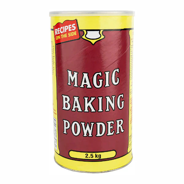 Can of Magic Baking Powder with red and yellow label on a white background