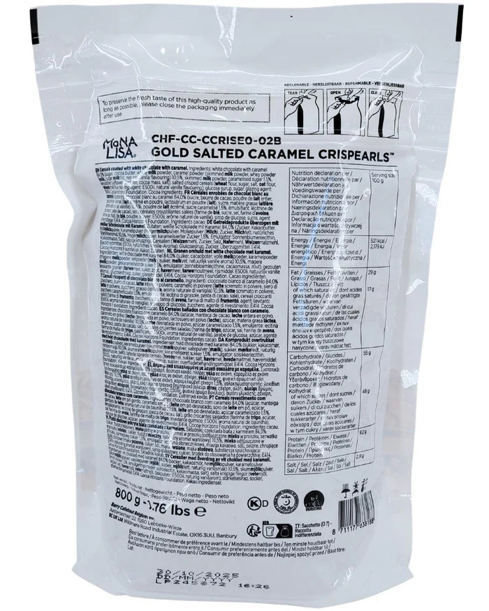 Back view of a packaging for Gold Salted Caramel Crispearls with nutritional info and branding.