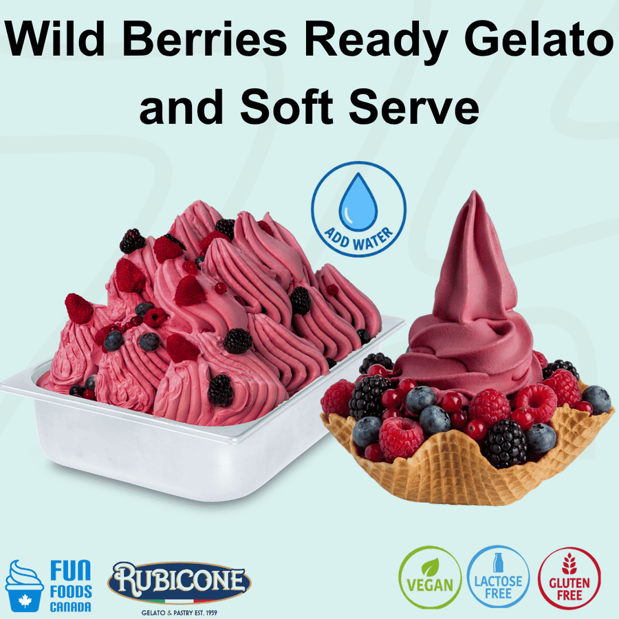 Rubicone Wild Berries Ready Gelato mix – mixed berry-flavoured add-water mix for commercial gelato and soft serve in Canada. Vegan, lactose-free, and gluten-free.
