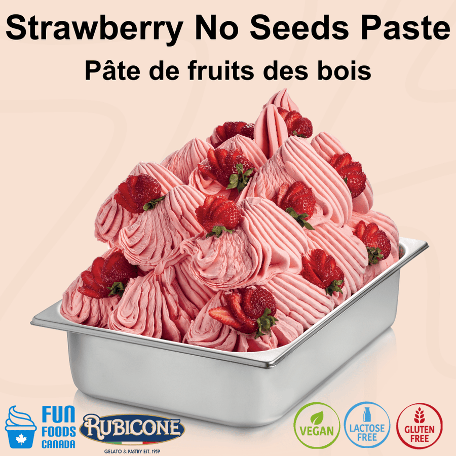 Rubicone Strawberry Paste for authentic Italian gelato, shown as smooth, creamy seedless strawberry gelato topped with fresh strawberry pieces in a display pan.