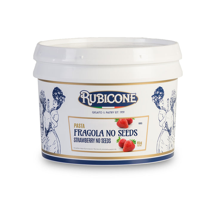 3 KG bucket of Rubicone Strawberry No Seeds fruit gelato paste on a white background