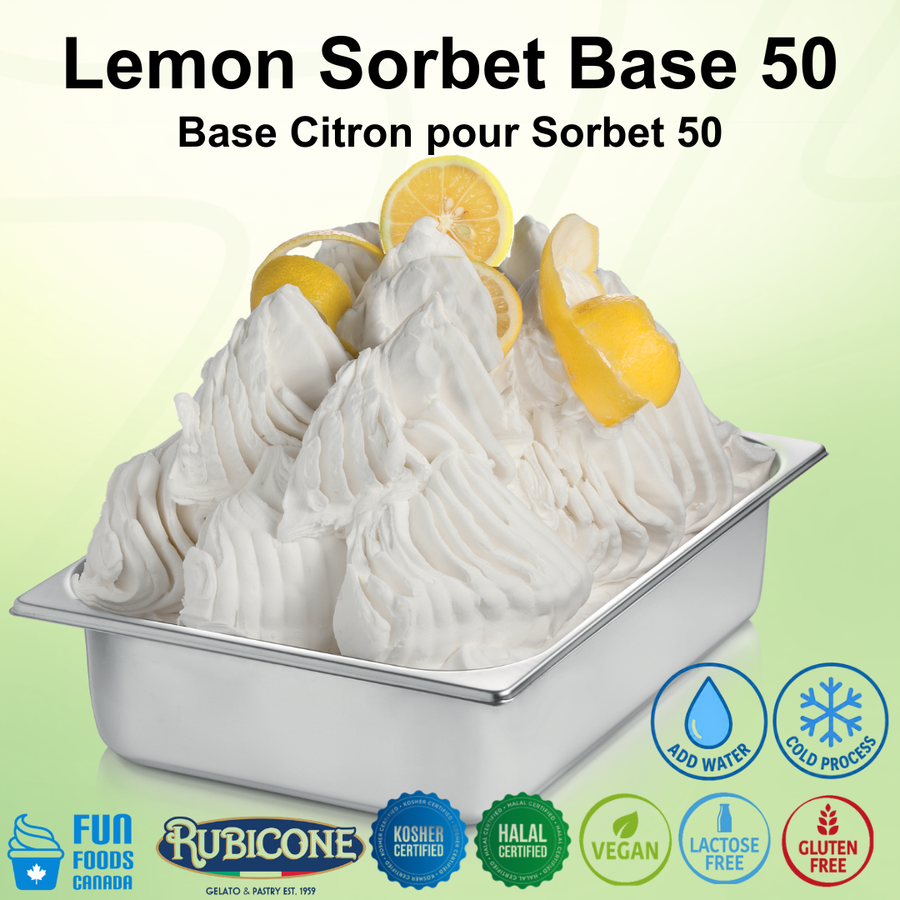 Lemon sorbet base with lemons on top in a metal container, featuring Rubicone branding and certification logos.