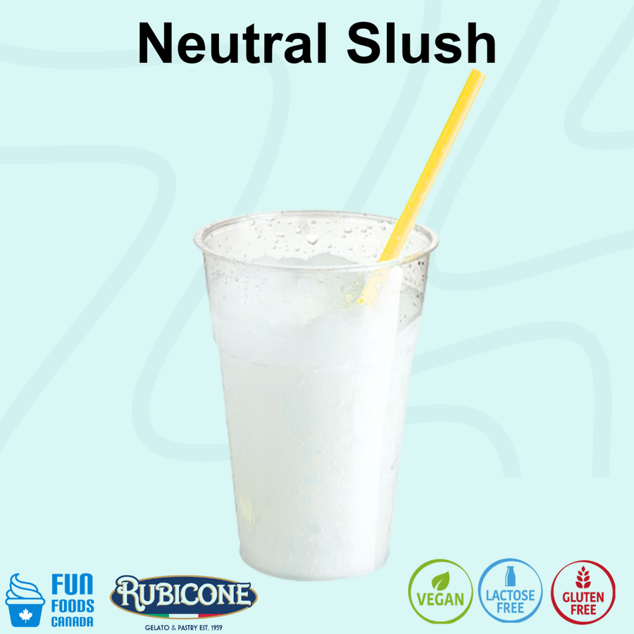 A clear plastic cup filled with a frothy white beverage and a yellow straw, centered on a light aqua background with the text 'Neutral Slush' above. Fun Foods Canada and Rubicone logos appear at the bottom, along with vegan, lactose free, and gluten free icons.