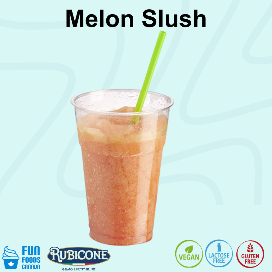 A clear plastic cup filled with an orange melon-flavored slush drink and a green straw, shown on a light blue background with the text 'Melon Slush' and Rubicone branding. Vegan, Lactose-free and Gluten-free. 